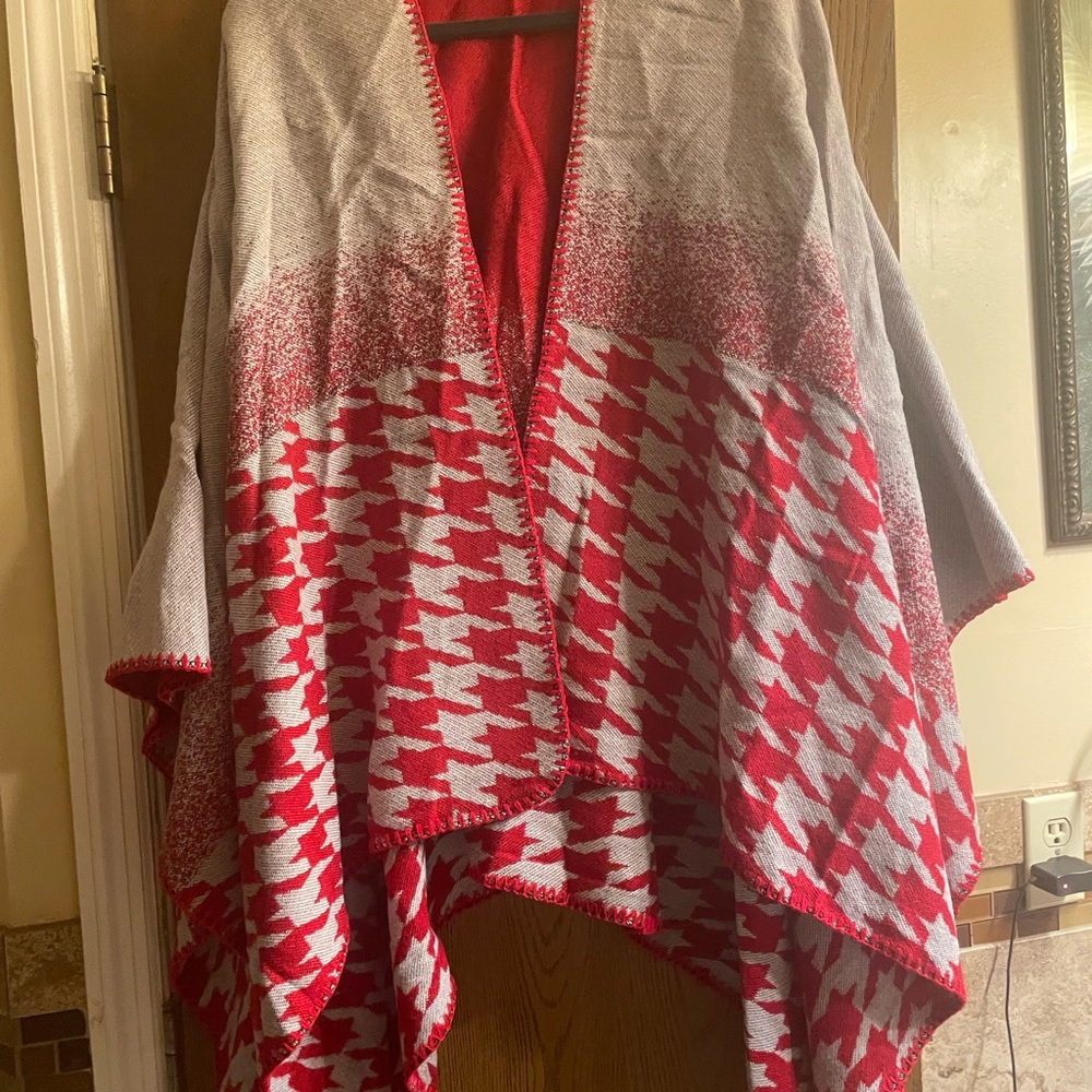 Red and Gray Houndstooth Poncho